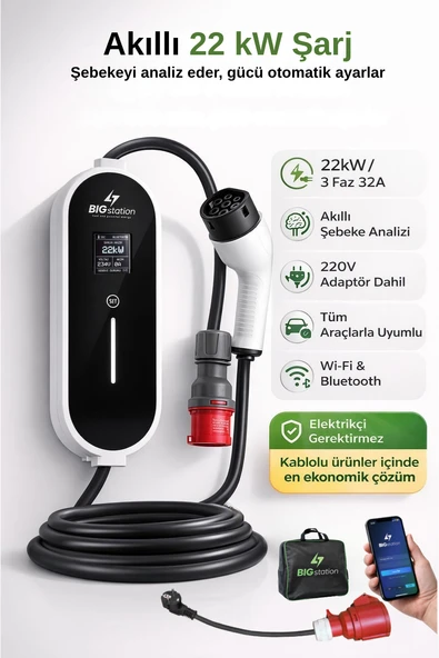 BIGstation 22KW Taşınabilir Akıllı Ev Ac Şarj Cihazı Wi-Fi Destekli 22 Kw Mobil Uygulama 3 Metre Kablolu (TAŞIMA ÇANTASI ve 220V DÖNÜŞTÜRÜCÜLÜ) ürün görseli 1