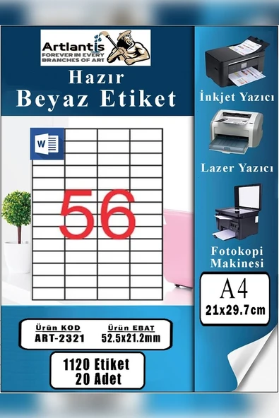 A4 Hazır Etiket 52.5x21.2 mm 20 Sayfa 1 Paket 56 lı Kendinden Yapışkanlı Fotokopi Lazer İnkjet Kağıdı Yazıcılar İçin Uyumlu ürün görseli 1