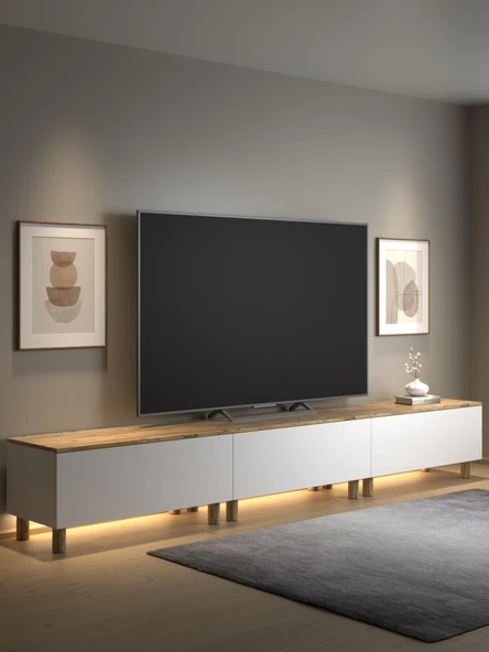 Nora Bohem Ledli Tv Ünitesi 300 Cm 3 Kapaklı Dolaplı Atlantik Çam / Beyaz ürün görseli 1