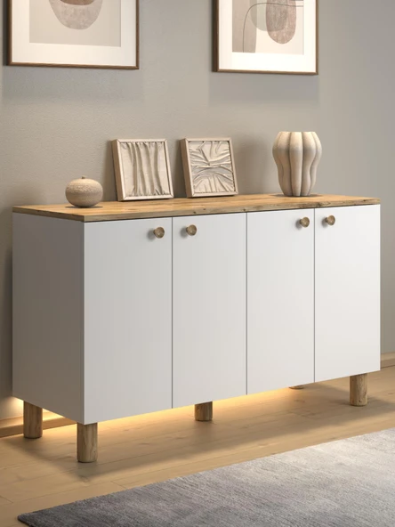 Nora Bohem Ledli Kahve Köşesi Dolabı Konsol Çok Amaçlı Dolap Mutfak Dolabı 120 Cm 4 Kapaklı  Atlantik Çam / Beyaz ürün görseli 1