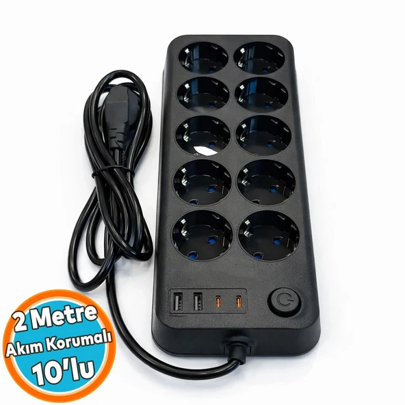 Akım Korumalı Grup Priz 10’lu 2 Metre Kablolu 2 USB + 2 Type-C Şarj Girişli Çoklu Priz ürün görseli 1