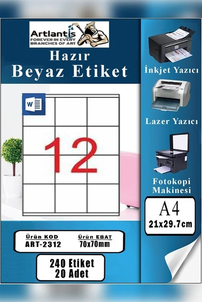A4 Hazır Etiket 70x70 mm 20 Sayfa 1 Paket 12 li Kendinden Yapışkanlı Fotokopi Lazer İnkjet Kağıdı Yazıcılar İçin Uyumlu ürün görseli 1