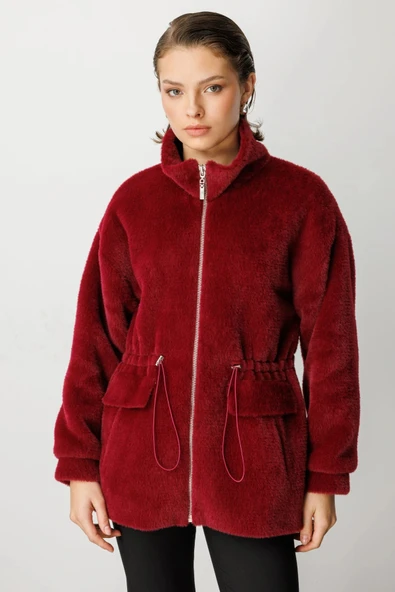 Ekol Kadın Fermuarlı Bordo Peluş Manto 06103 ürün görseli 1