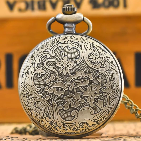 Vintage Köstekli Çarklı İşlemeli Bronz Cep Saati - Resim 7