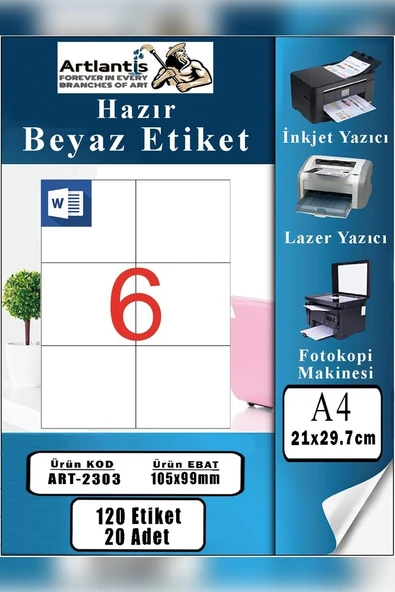 A4 Hazır Etiket 105x99 mm 20 Sayfa 1 Paket 6 lı Kendinden Yapışkanlı Fotokopi Lazer İnkjet Kağıdı Yazıcılar İçin Uyumlu ürün görseli 1