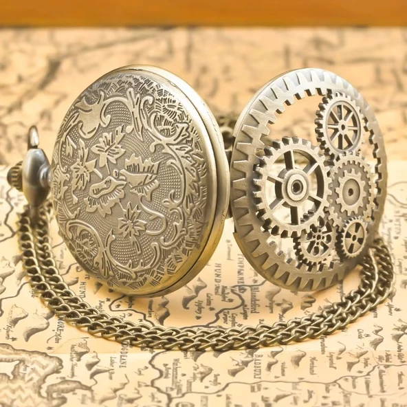 Vintage Köstekli Çarklı İşlemeli Bronz Cep Saati - Resim 6