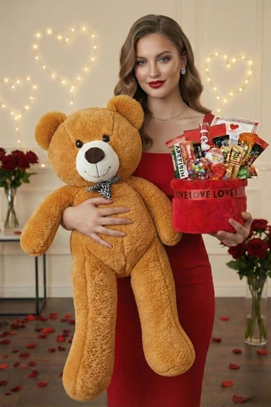 Sevgililer Günü Özel: 90 Cm Peluş Ayı Kırmızı Love Yazılı Tatlı Çikolata Sepeti Sevgiliye Hediye ürün görseli 1