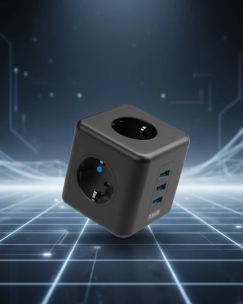 Elektronik Cihazlar İçin Akım Korumalı 3 Prizli USB’li Küp Priz ürün görseli 1