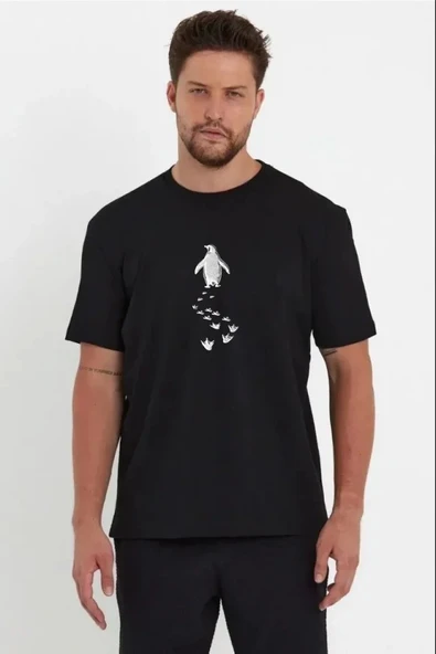 Erkek Nihilist Penguen Temalı Oversize Bisiklet Yaka Tişört - Siyah ürün görseli 1