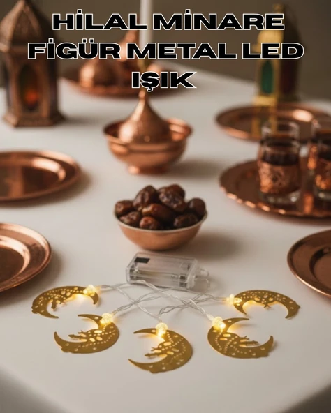 Minareli Hilal LED Işık Gold Metal Gövdeli Pilli Ramazan Dekoru ürün görseli 1