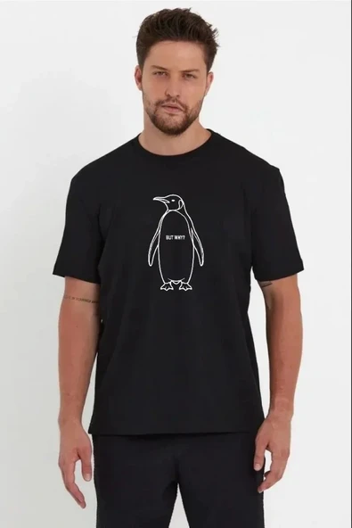 Erkek Nihilist Penguen Özel Tasarım Oversize Bisiklet Yaka Tişört - Siyah ürün görseli 1