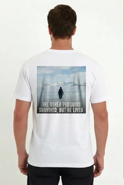 Erkek Oversize Tişört - Sırt Baskılı Survivor Penguin Temalı, Felsefi Yazılı Bisiklet Yaka Tişört - Beyaz ürün görseli 1