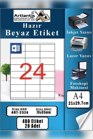 A4 Hazır Etiket 70x35 mm 20 Sayfa 1 Paket 24 lü Kendinden Yapışkanlı Fotokopi Lazer İnkjet Kağıdı Yazıcılar İçin Uyumlu ürün görseli 1