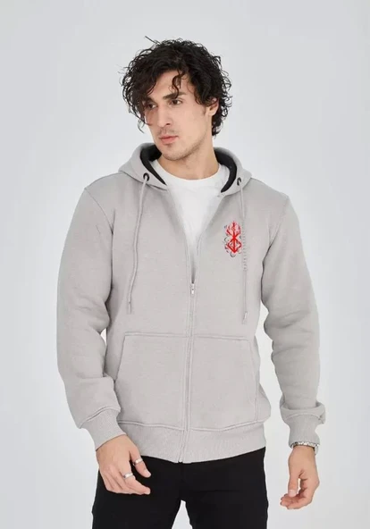 Unisex Baskılı Tam Fermuarlı Kapşonlu SweatShirt - Boyalı Gri ürün görseli 1