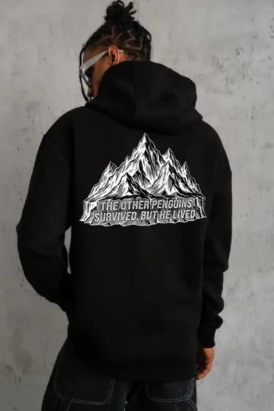 Erkek Nihilist Penguen Temalı Oversize Kapüşonlu Sweatshirt - Siyah ürün görseli 1