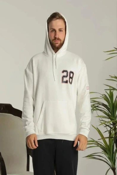Erkek Sırt Baskılı Oversize Üç İplik Kapüşonlu Sweatshirt - Beyaz ürün görseli 1