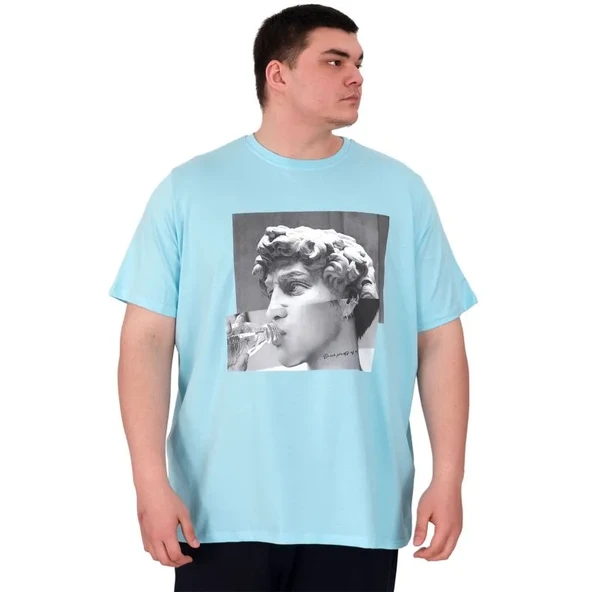 Büyük Beden Erkek T-Shirt Bisiklet Yaka STATUE 25027 Turkuaz ürün görseli 1