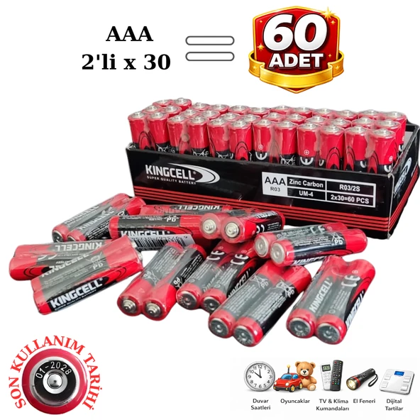 Kingcell AAA Pil 1.5V Çinko Karbon | 2’li x 30 = 60 Adet | İnce Kalem Pil ürün görseli 1