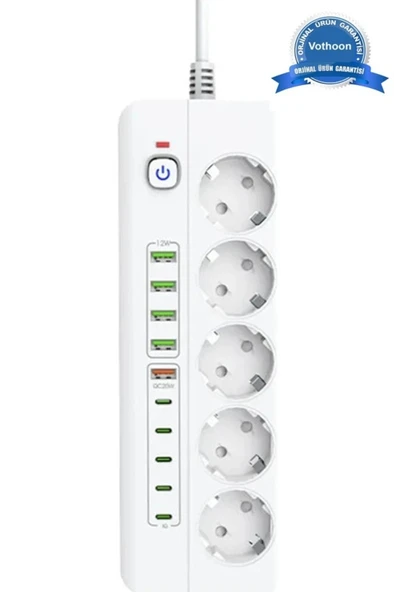 3500W Akım Korumalı 5’li Grup Priz: 5x USB + 5x Type-C Çıkışlı (2 Metre) ürün görseli 1