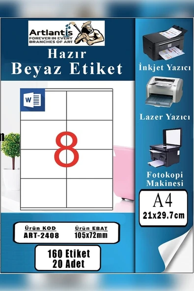 A4 Hazır Etiket 105x72 mm 20 Sayfa 1 Paket 8 li Kendinden Yapışkanlı Fotokopi Lazer İnkjet Kağıdı Yazıcılar İçin Uyumlu ürün görseli 1