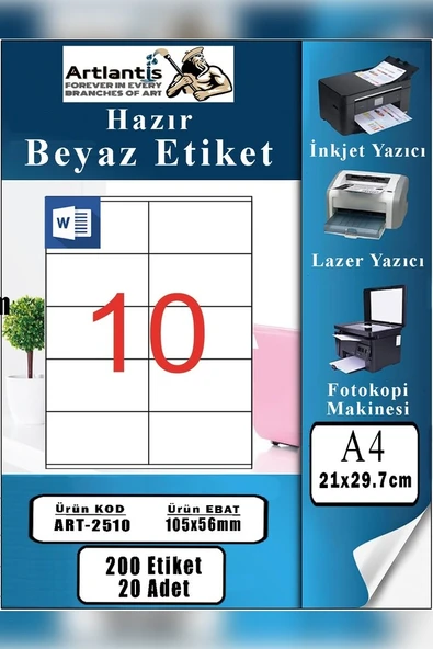 A4 Hazır Etiket 105x56 mm 20 Sayfa 1 Paket 10 lu Kendinden Yapışkanlı Fotokopi Lazer İnkjet Kağıdı Yazıcılar İçin Uyumlu ürün görseli 1