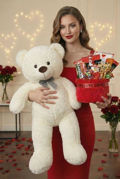 Sevgililer Günü Özel: 90 Cm Peluş Ayı Kırmızı Love Yazılı Tatlı Çikolata Sepeti Sevgiliye Hediye ürün görseli 1