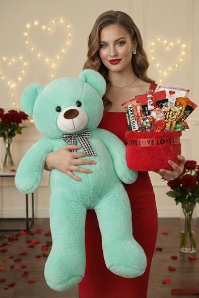 Sevgililer Günü Özel: 90 Cm Peluş Ayı Kırmızı Love Yazılı Tatlı Çikolata Sepeti Sevgiliye Hediye ürün görseli 1