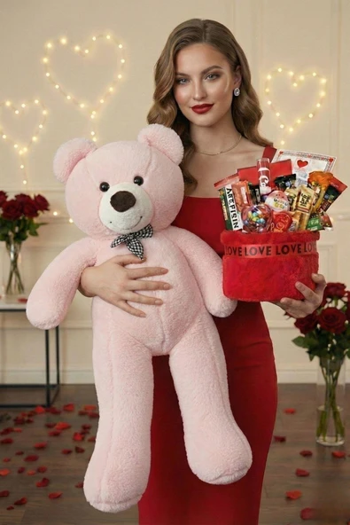 Sevgililer Günü Özel: 90 Cm Peluş Ayı Kırmızı Love Yazılı Tatlı Çikolata Sepeti Sevgiliye Hediye ürün görseli 1