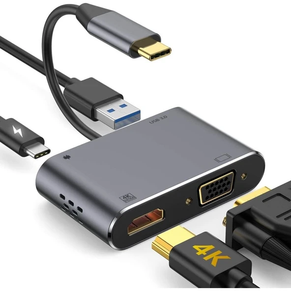 TAPLIN Type-C 4 In 1 4K HDMI VGA USB 3.0 Type-C Şarj Girişli Adaptör ürün görseli 1
