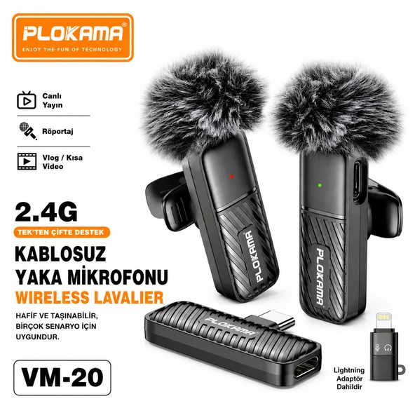 Kablosuz Yaka Mikrofonu Çiftli Set TypeC & Lightning Gürültü Önleyic Tak-Çalıştır Vlog Röportaj İçin ürün görseli 1