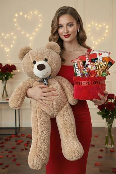 Sevgililer Günü Özel: 90 Cm Peluş Ayı Kırmızı Love Yazılı Tatlı Çikolata Sepeti Sevgiliye Hediye ürün görseli 1