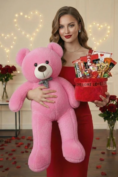 Sevgililer Günü Özel: 90 Cm Peluş Ayı Kırmızı Love Yazılı Tatlı Çikolata Sepeti Sevgiliye Hediye ürün görseli 1