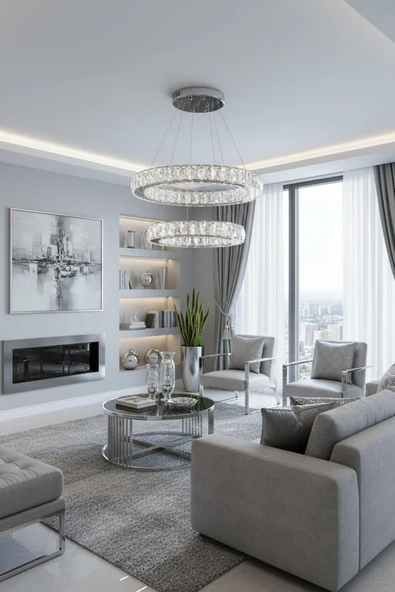 Elizim Home Lighting Kristal 2 katlı uzaktan kumandalı krom avize ürün görseli 1