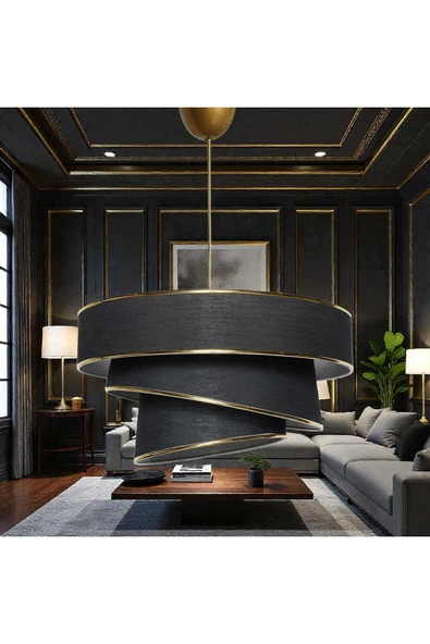 Elizim Home Lighting Pasta 3 katlı siyah gold abajur sarkıt avize ürün görseli 1