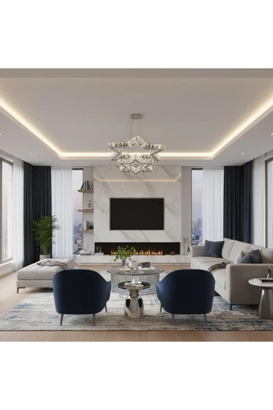 Elizim Home Lighting Yıldız 2 katlı kristal taşlı ledli krom avize ürün görseli 1