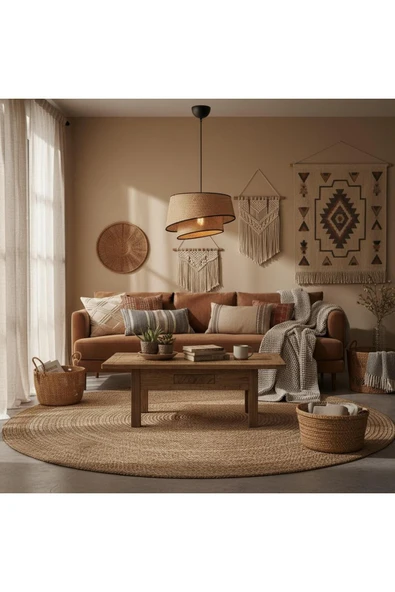 Elizim Home Lighting Hasır görünümlü 2 katlı abajur sarkıt avize ürün görseli 1