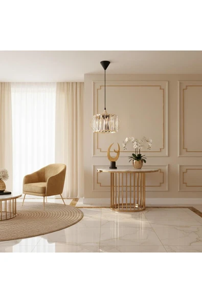 Elizim Home Lighting Kristal taşlı tekli gold avize ürün görseli 1