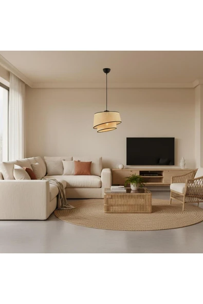 Elizim Home Lighting Hasır görünümlü 2 katlı abajur sarkıt avize ürün görseli 1