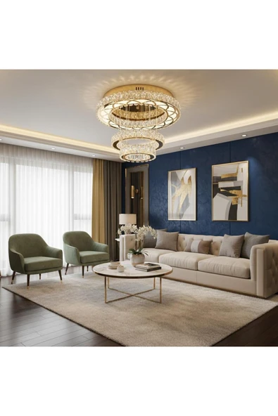 Elizim Home Lighting Plafonyer lazer kesim kristal taşlı gold ledli avize ürün görseli 1