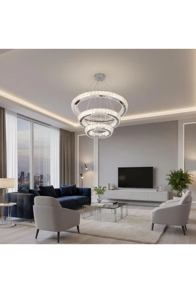 Elizim Home Lighting Halka 3 katlı kristal taşlı ledli avize ürün görseli 1
