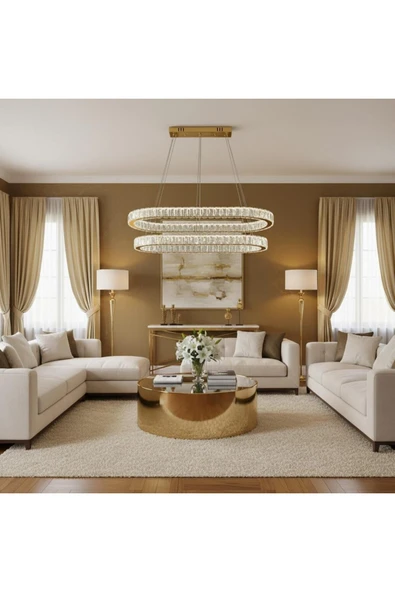 Elizim Home Lighting Kristal elips 2 katlı gold ledli avize ürün görseli 1