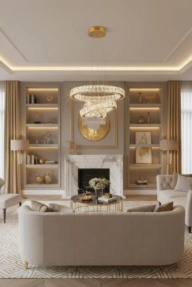 Elizim Home Lighting Kristal 3 katlı ledli uzaktan kumandalı gold avize ürün görseli 1
