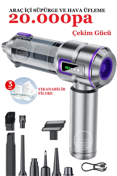 Kablosuz Araç İçi Süpürge 20.000PA Basınçlı Üfleme ve Çekme Süpürgesi 12 Parçalı Temizleme Seti Gri ürün görseli 1