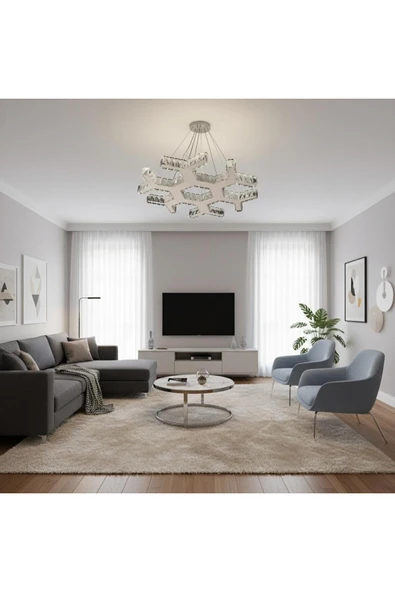 Elizim Home Lighting Dantel kristal taşlı krom ledli avize ürün görseli 1