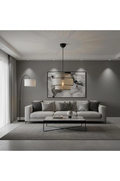 Elizim Home Lighting Silindir hasır görünümlü abajur sarkıt avize ürün görseli 1