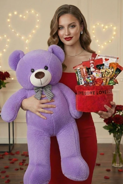 Sevgililer Günü Özel: 90 Cm Peluş Ayı Kırmızı Love Yazılı Tatlı Çikolata Sepeti Sevgiliye Hediye ürün görseli 1