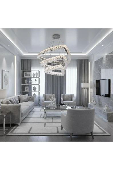 Elizim Home Lighting Simet 3 katlı kristal taşlı krom ledli avize ürün görseli 1