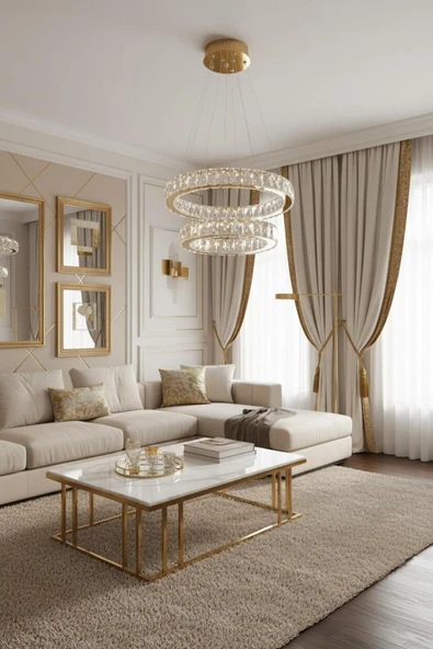 Elizim Home Lighting Kristal 2 katlı uzaktan kumandalı gold avize ürün görseli 1
