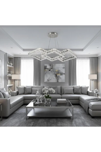 Elizim Home Lighting Elentra kare kristal taşlı krom ledli avize ürün görseli 1
