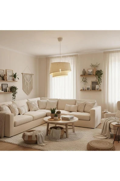 Elizim Home Lighting Hasır görünümlü 2 katlı abajur sarkıt avize ürün görseli 1